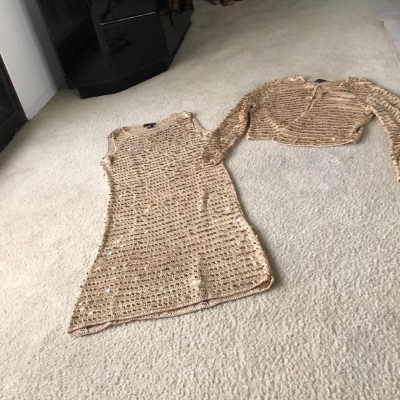 2pc sequin ensemble gold knit. Long sleeve jacket and sleeveless knit dress Med - Picture 5 of 11